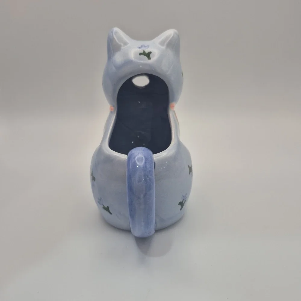 Vintage Otagiri Blue Floral & Ribbon Kitty Cat Cream Pitcher 5